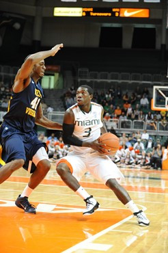 University of Miami Hurricanes guard, Malcolm Grant #3, plays host to 2010 NCAA Final Four participant West Virginia at the BankUnited Center on...