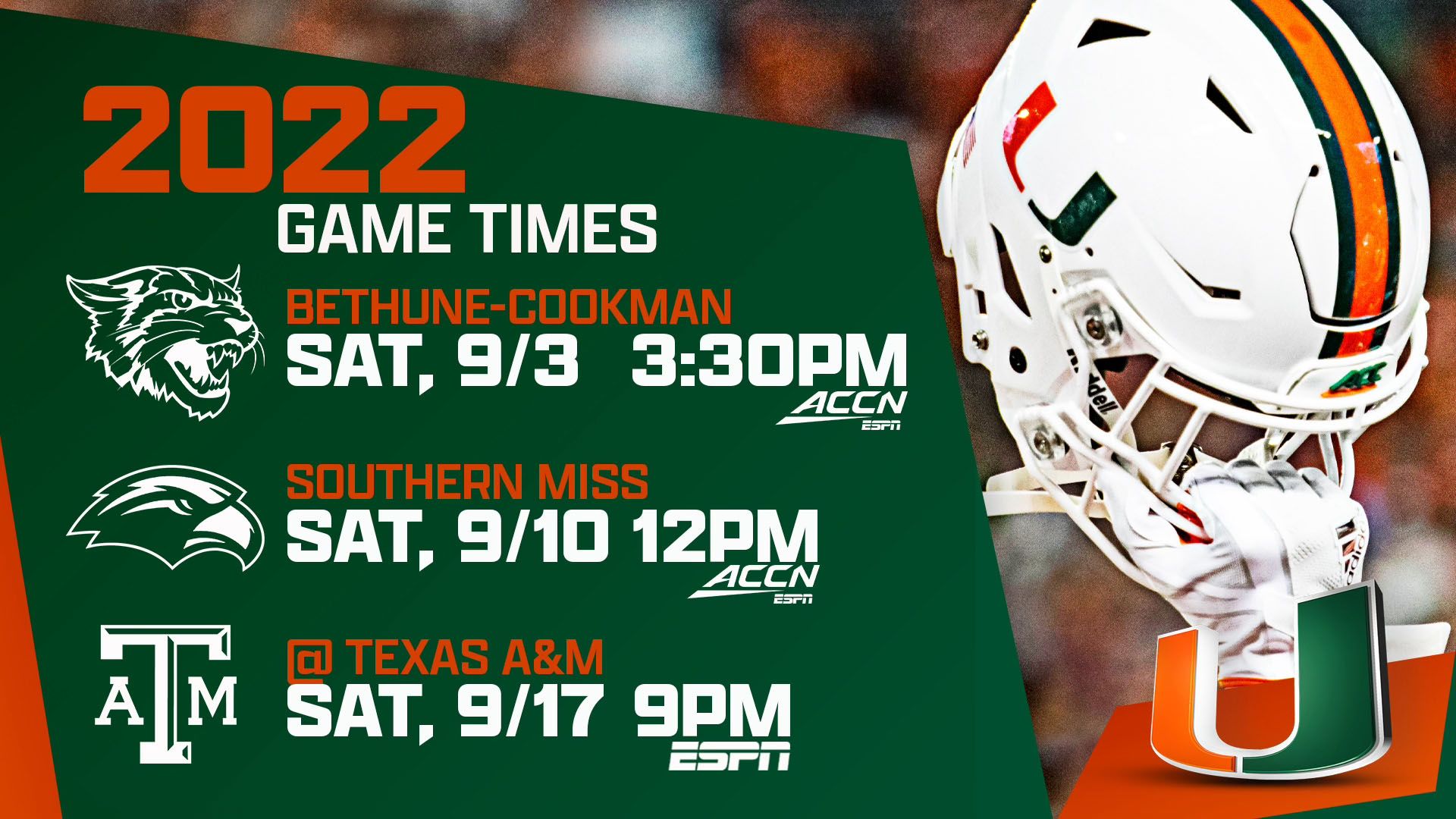 Three Game Times Announced for Miami Football
