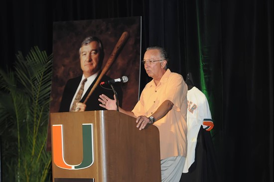 Head coach Jim Morris speaks to the crowd of roughly 1,000 about his friend and mentor at the 