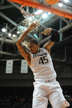 University of Miami Hurricanes forward-center, Julian Gamble #45, plays host to the Duke Blue Devils at the BankUnited Center on February 13, 2011. ...