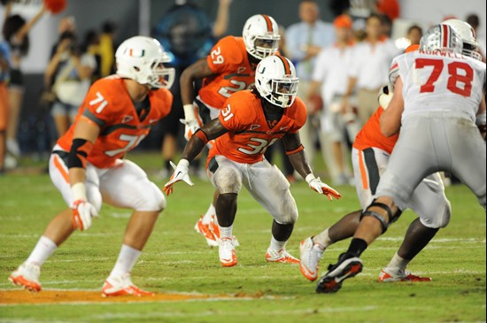 University of Miami Hurricanes linebacker Sean Spence #31 plays in a game against the Ohio State Buckeyes at Sun Life Stadium on September 17, 2011. ...