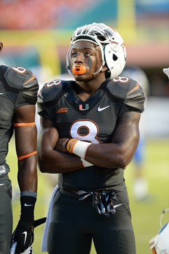 University of Miami Hurricanes running back Duke Johnson #8 before a game against the Duke Blue Devils at Sun Life Stadium on September 27, 2014. ...