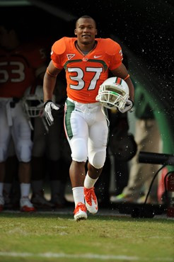 University of Miami Hurricanes defensive back Alex Irastorza #37 plays in a game against the Boston College Eagles at Sun Life Stadium on November 25,...