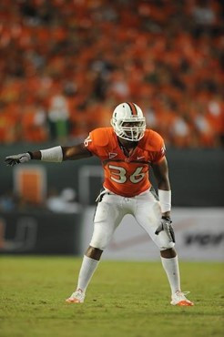 University of Miami Hurricanes linebacker Kylan Robinson #36 plays in a game against the Florida A&amp;M Rattlers at Sun Life Stadium on September 2,...