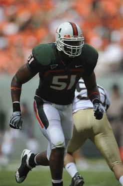 University of Miami Hurricanes linebacker Romeo Davis #51 plays in a game against the Deamon Deacons of Wake Forest at Dolphin Stadium on October 25,...