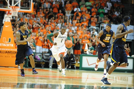 University of Miami Hurricanes guard,, Durand Scott, #1, plays host to 2010 NCAA Final Four participant West Virginia at the BankUnited Center on...