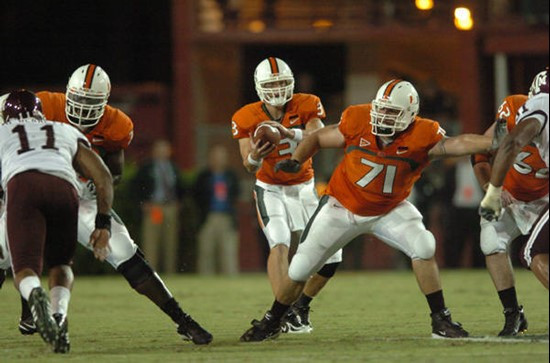 University of Miami offensive lineman Derrick Morse #71 gets set to block in a game against the Texas A&M Aggies at the Orange Bowl on September 20,...