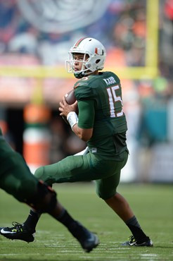University of Miami Hurricanes quarterback Brad Kaaya #15 plays in a game against the North Carolina Tar Heels at Sun Life Stadium on November 1,...