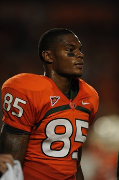 University of Miami Hurricanes wide receiver Leonard Hankerson #85 plays in a game against the Florida State Seminoles at Sun Life Stadium on October...