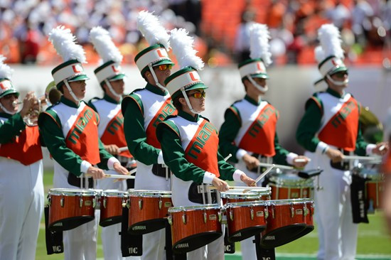 The University of Miami Band of the hour performs before a game against the Bethune Cookman Wildcats at Sun Life Stadium on September 15, 2012.  Photo...