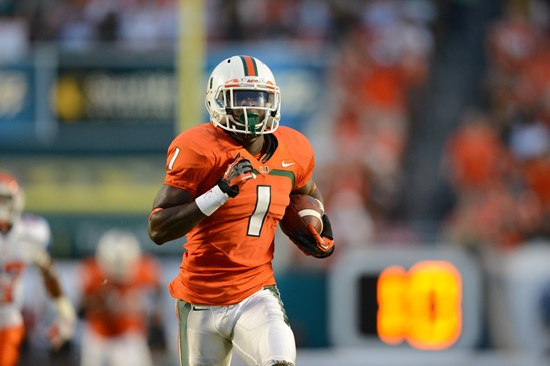 University of Miami Hurricanes defensive back Artie Bums #1 plays in a game against the Savannah State Tigers at Sun Life Stadium on September 21,...