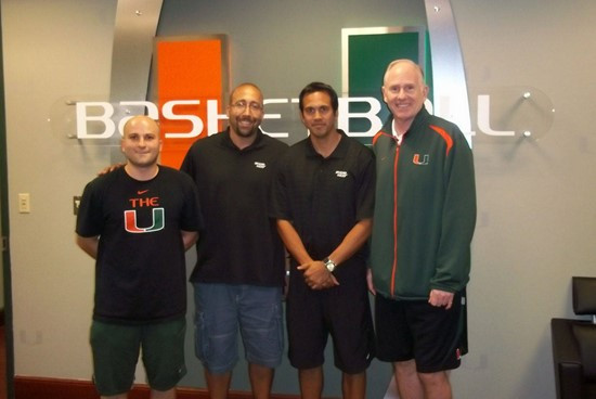 UM coaches Larranaga and Caputo with Miami Heat coaches David Fizdale and Erik Spoelstra