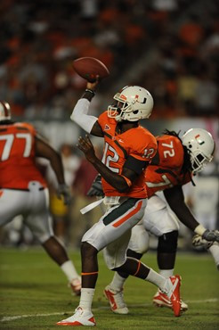 University of Miami Hurricanes quarterback Jacory Harris #12 plays in a game against the Florida State Seminoles at Sun Life Stadium on October 9,...