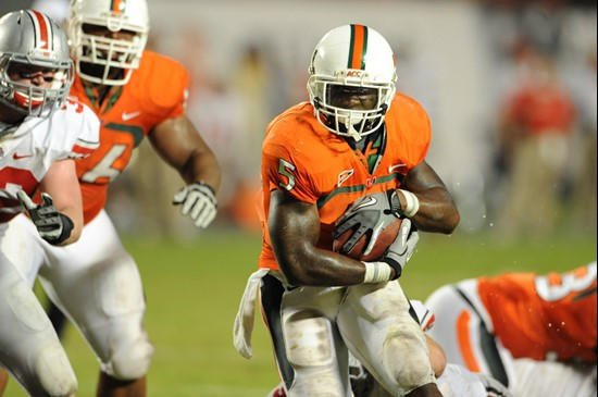 University of Miami Hurricanes running back Mike James #5 carries the ball against the Ohio State Buckeyes at Sun Life Stadium on September 17, 2011....