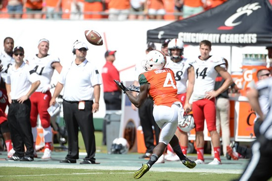 University of Miami Hurricanes wide receiver Phillip Dorsett #4 plays in a game against the Cincinnati Bearcats at Sun Life Stadium on October 11,...
