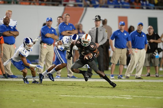 University of Miami Hurricanes wide receiver Herb Waters #6 plays in a game against the Duke Blue Devils at Sun Life Stadium on September 27, 2014. ...