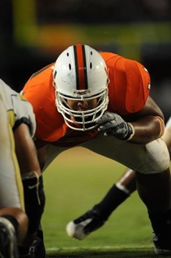 University of Miami Hurricanes offensive lineman Harland Gunn #66 plays in a game against the Georgia Tech Yellow Jackets at Land Shark Stadium on...