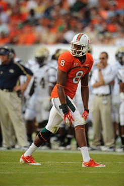 University of Miami Hurricanes wide receiver Tommy Streeter #8 plays in a game against the Georgia Tech Yellow Jackets at Sun Life Stadium on October...