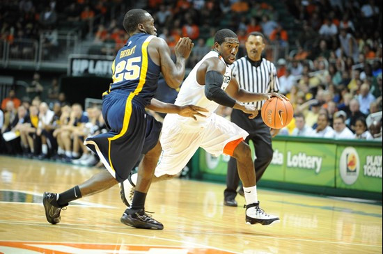University of Miami Hurricanes guard, Malcolm Grant #3, plays host to 2010 NCAA Final Four participant West Virginia at the BankUnited Center on...