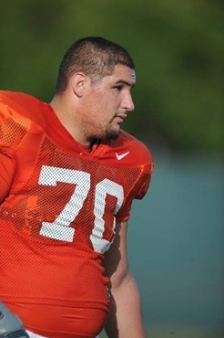 University of Miami Hurricanes players Jonathan Feliciano #70 at Greentree practice fields training for the upcoming 2010 season. The practice was...