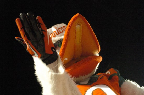 Sebastian the Ibis entertains the University of Miami Hurricane fans before a game against the Arkansas State Red Wolves at Sun Life Stadium on...
