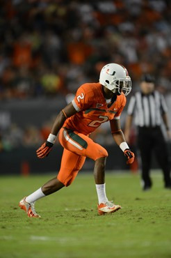 University of Miami Hurricanes defensive back Deon Bush #2 carries the ball in a game against the Virginia Tech Hokies at Sun Life Stadium on November...