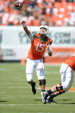 University of Miami Hurricanes quarterback Brad Kaaya #15 plays in a game against the Cincinnati Bearcats at Sun Life Stadium on October 11, 2014. ...