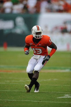 University of Miami Hurricanes defensive back Ryan Hill #13 plays in a game against the University of Central Florida Knights at Dolphin Stadium on...
