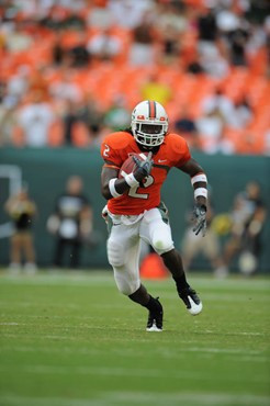 University of Miami Hurricanes running back Graig Cooper #2 plays in a game against the University of Central Florida Knights at Dolphin Stadium on...