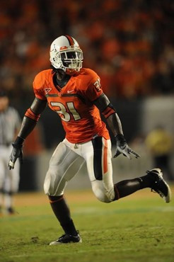 University of Miami Hurricanes linebacker Sean Spence #31 plays in a game against the Georgia Tech Yellow Jackets at Land Shark Stadium on September...