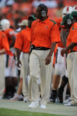 Miami Hurricanes head coach Randy Shannon on the sidelines in a game against the University of Central Florida Knights at Dolphin Stadium on October...