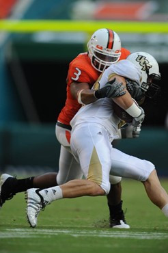 University of Miami Hurricanes linebacker Glenn Cook #3 lead the teams with 7 solo tackles and 3 assist in a game against the University of Central...