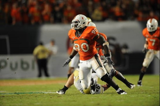 University of Miami Hurricanes defensive lineman Steven Wesley #90 plays in a game against the Georgia Yellow Jackets at Land Shark Stadium on...