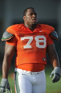University of Miami Hurricanes players Jermaine Johnson #78 at Cobb Stadium training for the upcoming 2010 season. The practice was open for Season...