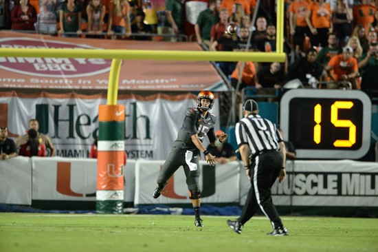 University of Miami Hurricanes quarterback Brad Kaaya #15 plays in a game against the Florida State Seminoles at Sun Life Stadium on November 15,...