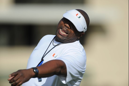University of Miami Defenisve Line Coach, Jethro Franklin, instructs his team on how he wants them to execute his game plan during a spring practice...