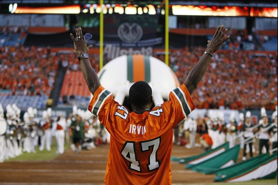 Former Miami wide receiver Michael Irvin is introduced before an NCAA college football game between Miami and Florida A&M, Thursday, Sept. 2,...