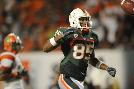 University of Miami Hurricanes wide receiver Leonard Hankerson #85 catches a pass in a game against the Florida A&M Rattlers at Land Shark Stadium on...