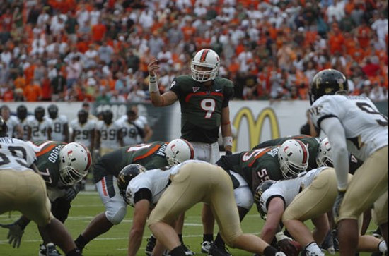 University of Miami Hurricanes quarterback Robert Marve #9 completed 11 passes on 20 attempts for 153 yards and rushed 9 times for 56 yards in a game...