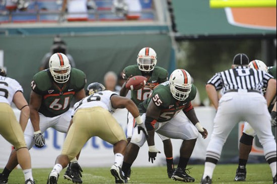University of Miami Hurricanes quarterback Jacory Harris #12 plays in a game against the Deamon Deacons of Wake Forest at Dolphin Stadium on October...