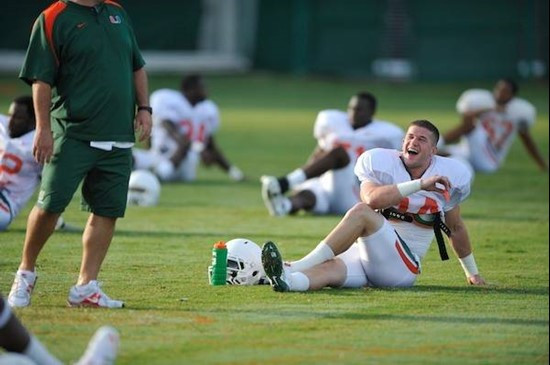 University of Miami Hurricanes players Stretching at Greentree practice fields training for the upcoming 2010 season. The practice was open for Season...