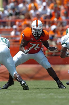 University of Miami offensive lineman Chris Rutledge #76 gets set to block in a game against Marshall University at the Orange Bowl on September 1,...