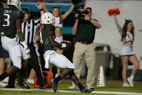 University of Miami Hurricanes wide receiver Phillip Dorsett #4 plays in a game against The Pittsburgh Panthers at Sun Life Stadium on November 29,...