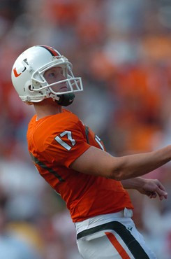 University of Miami kicker Daren Daly #17 kicks in a game against the North Carolina State Wolfpack at the Orange Bowl on November 3, 2007. Photo...