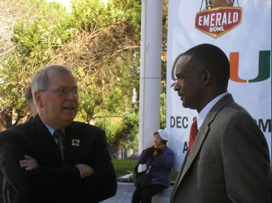 Emerald Bowl Executive Director Gary Cavalli and UM head coach Randy Shannon