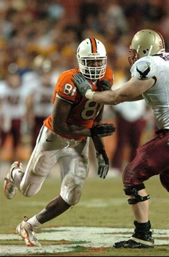 University of Miami defensive end Calais Campbell #81 had 6 solo tackles and 1 assist in a game against Boston College on November 23, 2006 at the...