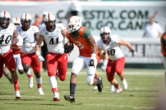 University of Miami Hurricanes wide receiver Stacy Coley #3 plays in a game against the Cincinnati Bearcats at Sun Life Stadium on October 11, 2014. ...
