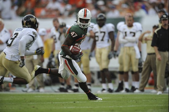 University of Miami Hurricanes wide receiver Laron Byrd #47 caught 2 passes for 18 yards in a game against the Deamon Deacons of Wake Forest at...