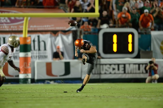University of Miami Hurricanes punter Justin Vogel #16 plays in a game against the Florida State Seminoles at Sun Life Stadium on November 15, 2014. ...