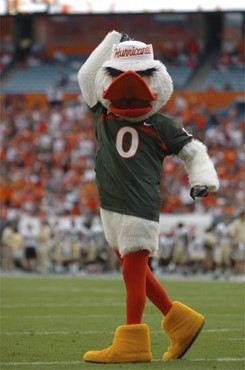 University of Miami mascot Sebastian the Ibis entertains fans in a game against the Deamon Deacons of Wake Forest at Dolphin Stadium on October 25,...